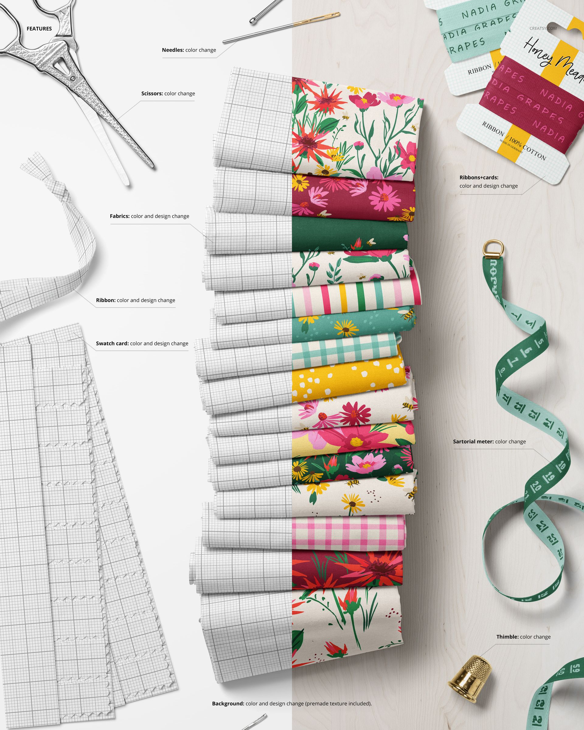 Top view of folded cotton fabric samples in multiple designs, displayed next to a swatch card and sewing accessories in a mockup scene.