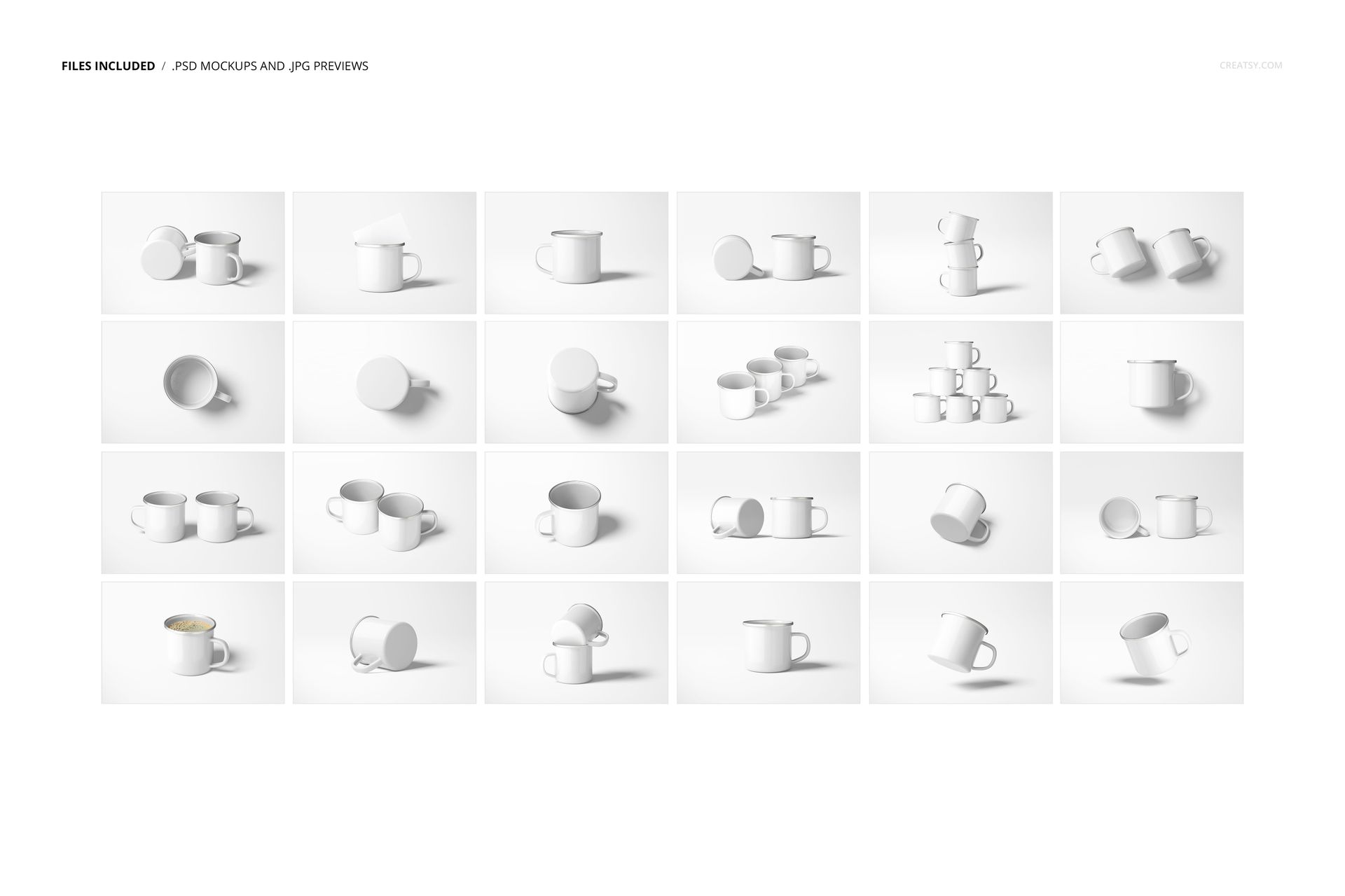 Set of enamel mugs with silver rims shown in various angles and arrangements on a white background mockup.