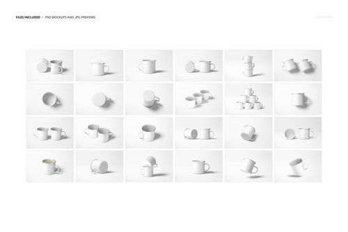 Set of enamel mugs with silver rims shown in various angles and arrangements on a white background mockup.
