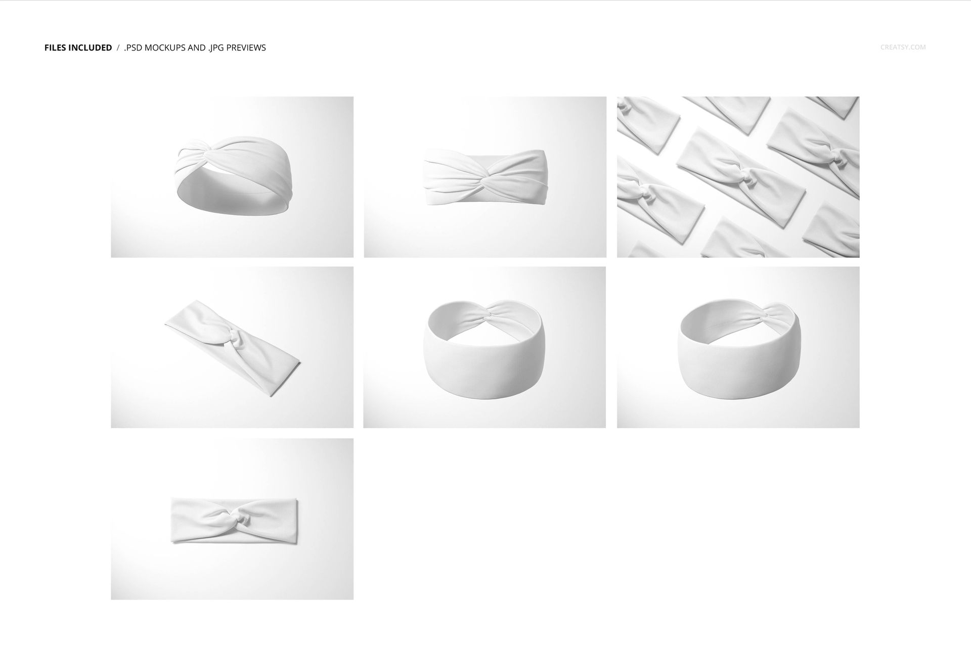 White faux knot headbands displayed in various angles and arrangements on a plain light background, fashion accessory mockup.