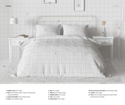 Front view of a vintage bedroom bedding mockup featuring a white bed with grid pattern duvet and pillows, flanked by two nightstands.