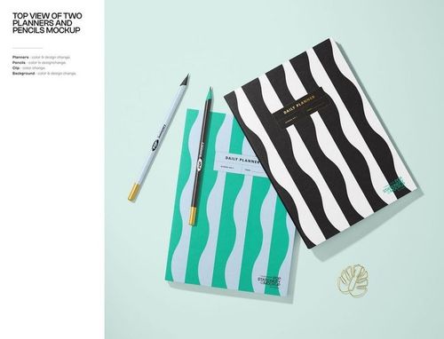 Stationery mockup showing two notebooks with graphic covers, pencils, and a gold leaf-shaped paper clip from above.