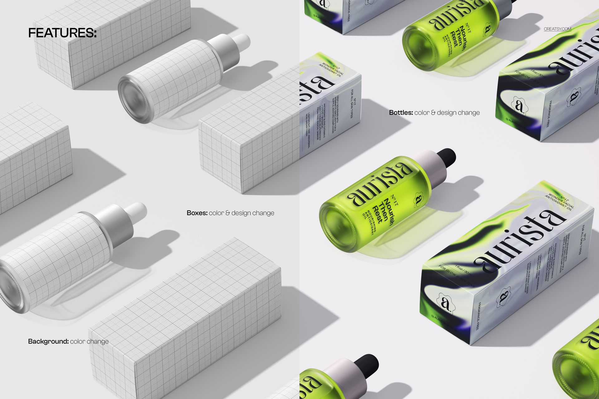Repeating serum bottle mockup and packaging boxes shown from above, featuring both grid patterns and vibrant colors.