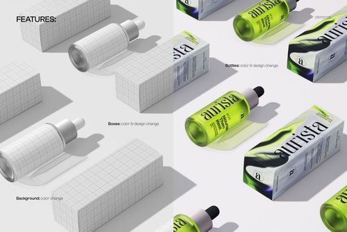 Repeating serum bottle mockup and packaging boxes shown from above, featuring both grid patterns and vibrant colors.