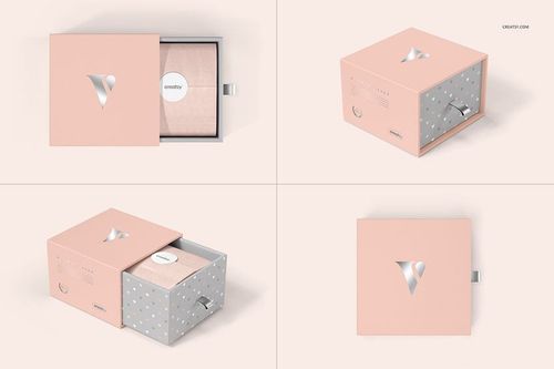 Square gift box mockup in pale pink and gray with drawer design, shown from multiple angles on a neutral background.