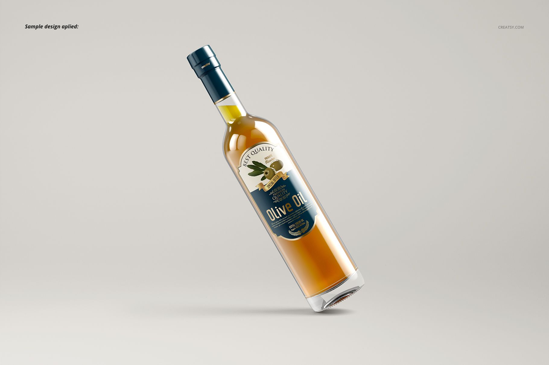 Glass olive oil bottle mockup featuring a blue-green label with olive illustration, displayed on neutral backdrop.
