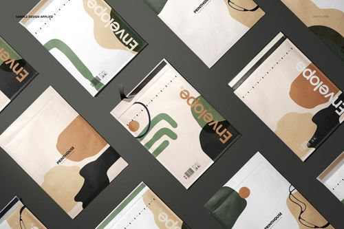 Multiple kraft bubble mailer mockups with geometric designs in neutral tones, shown from a top-down perspective.