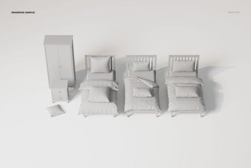 Kids bedroom furniture and bedding set with two beds, wardrobe, nightstand, and pillows in a neutral color, top view.