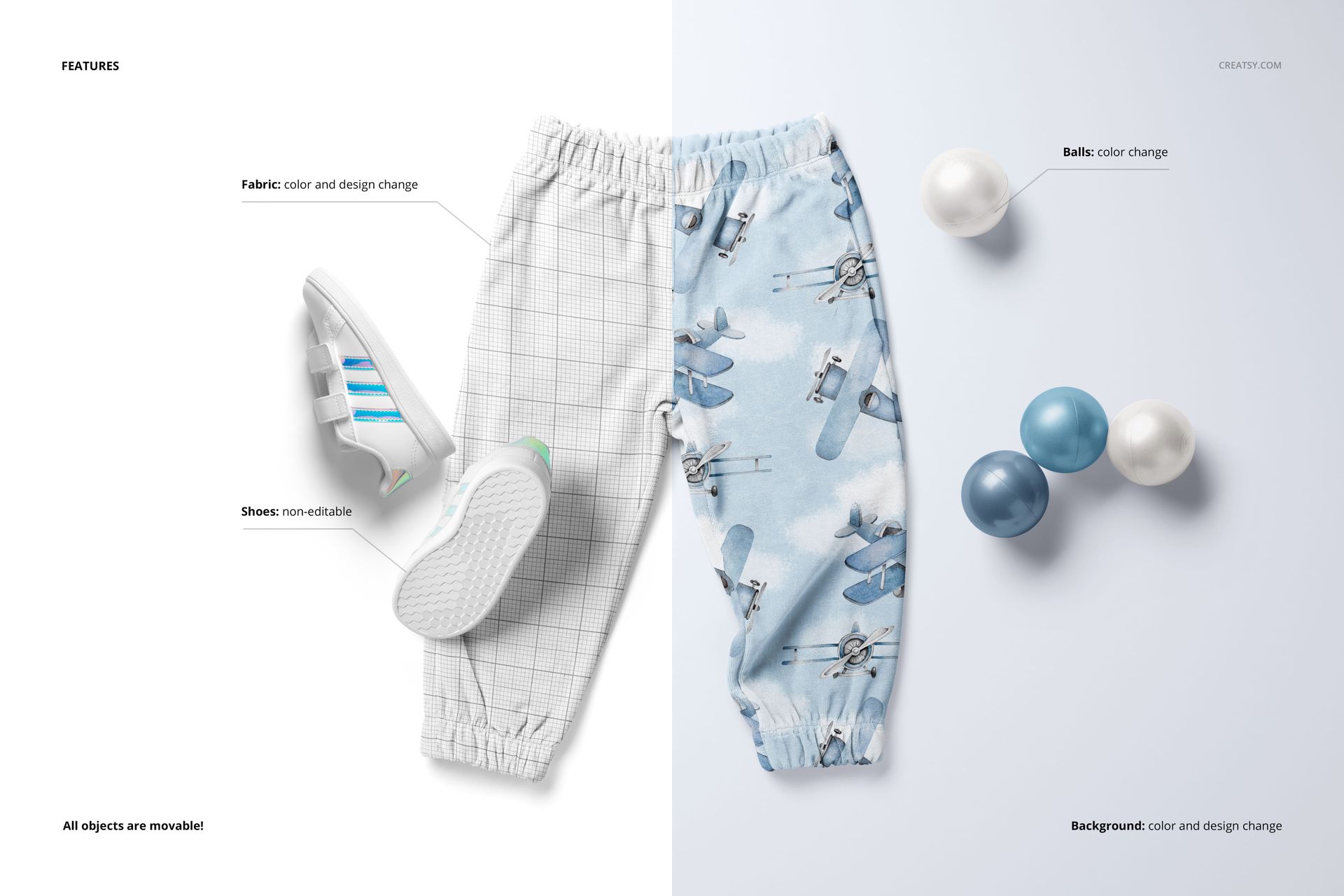 Front view of baby tracksuit pants mockup with one leg in white grid pattern and the other in blue airplane print, surrounded by plastic balls and a sneaker.