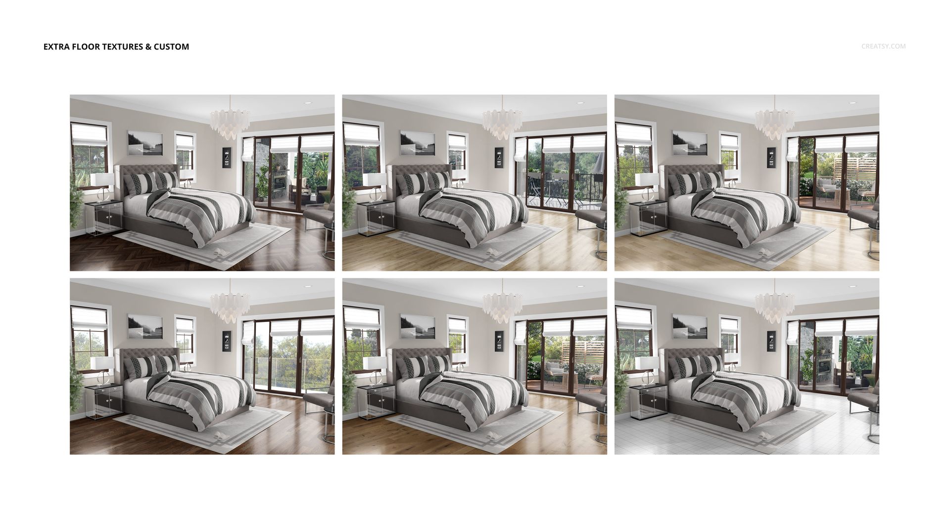 Traditional bedroom bedding mockup showing a neatly made bed with striped linens in a modern, bright room.