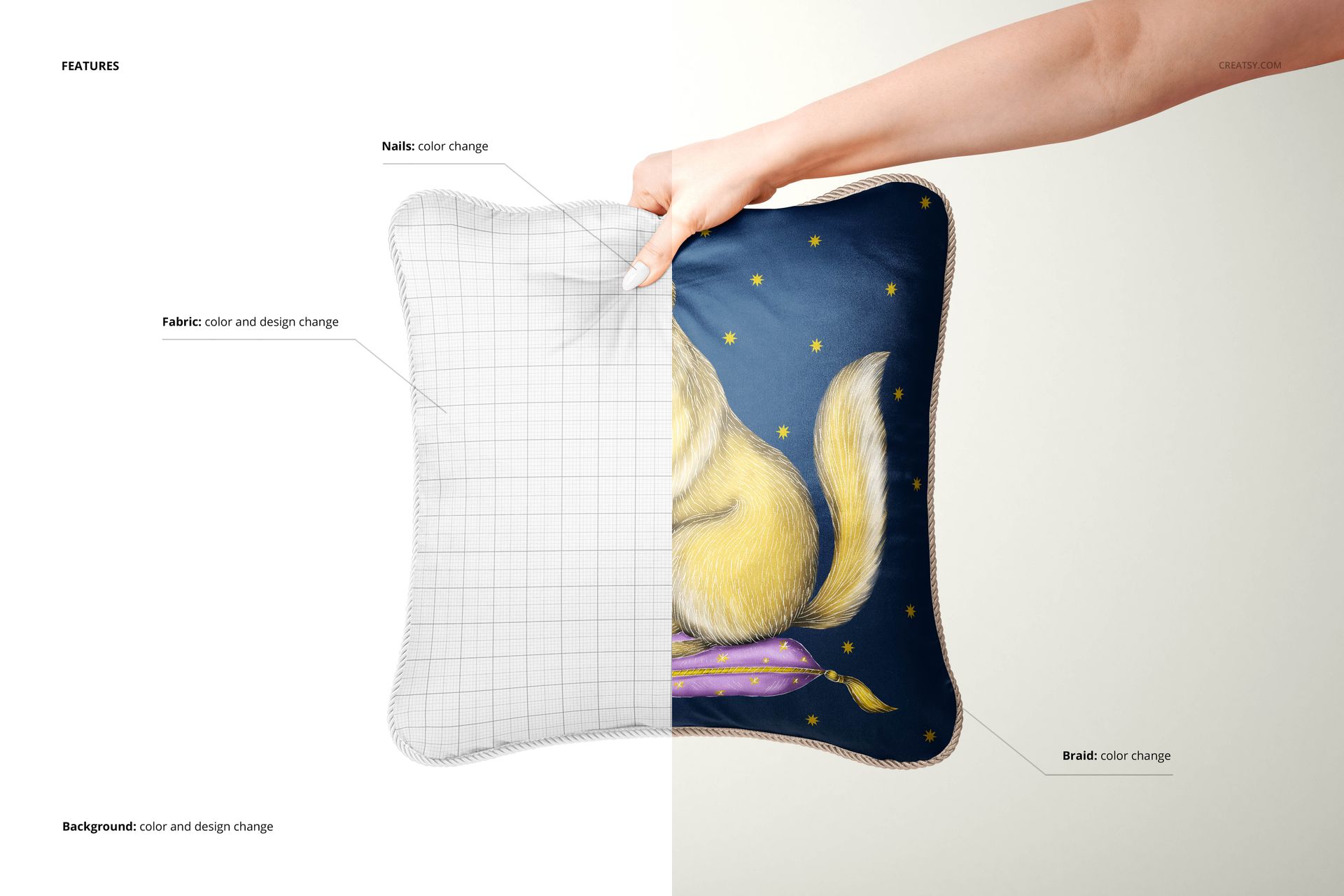 Front view of a square silk cushion with braid, half showing a grid mockup and half with a dog illustration on a dark blue background.