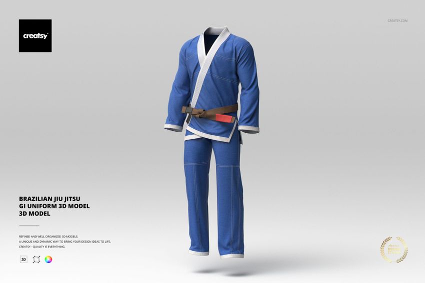 Front view of a blue Brazilian Jiu Jitsu GI uniform with a brown belt, displayed on a plain light background.