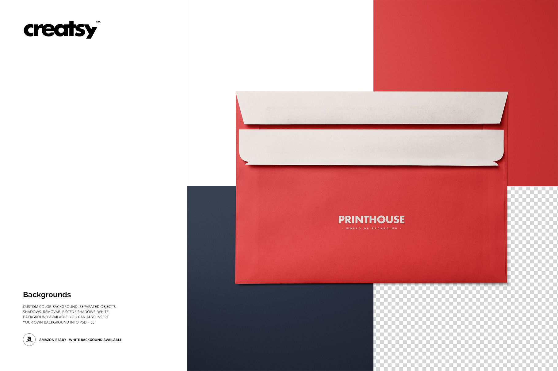Red envelope mockup set displayed from a top view, with white flap and geometric color block background.