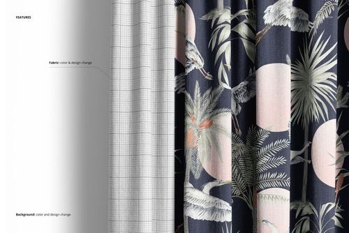 Close-up view of curtain fabric mockup, showing two sections: one with a white grid pattern and one with a dark tropical print.