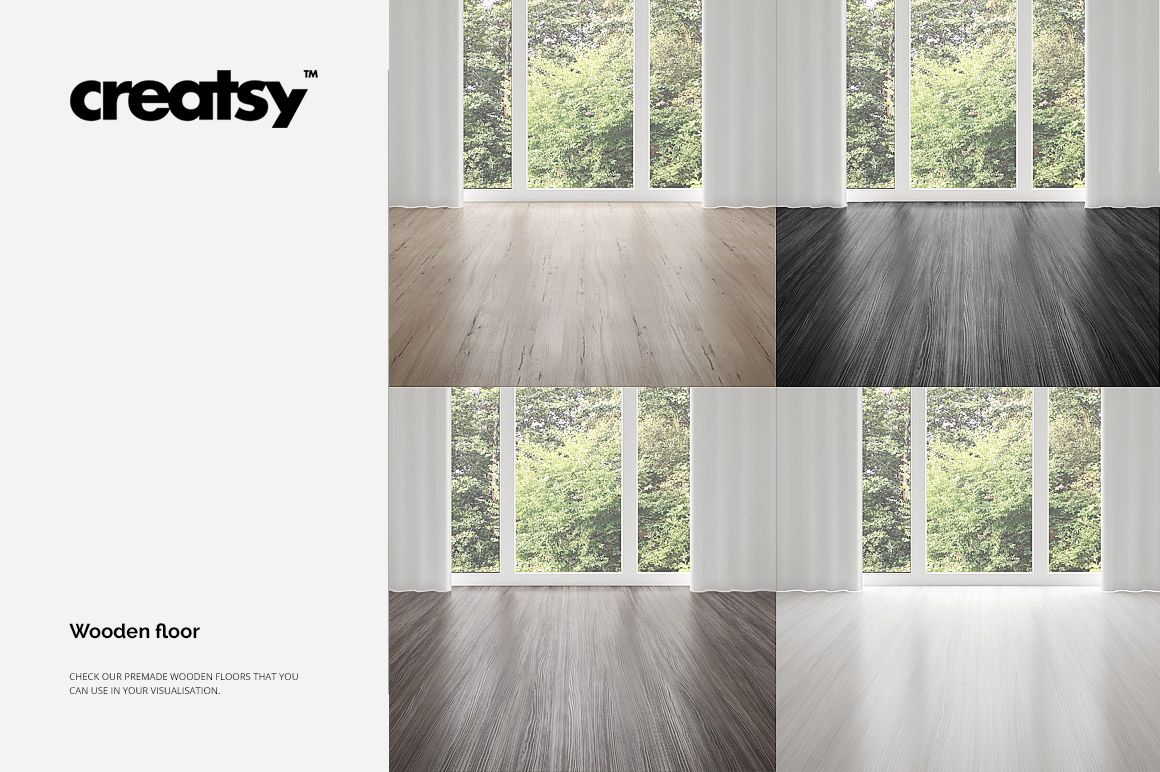 Curtains room scene mockup showing four variations of wooden floors in front of large windows with sheer white curtains.