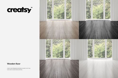 Curtains room scene mockup showing four variations of wooden floors in front of large windows with sheer white curtains.