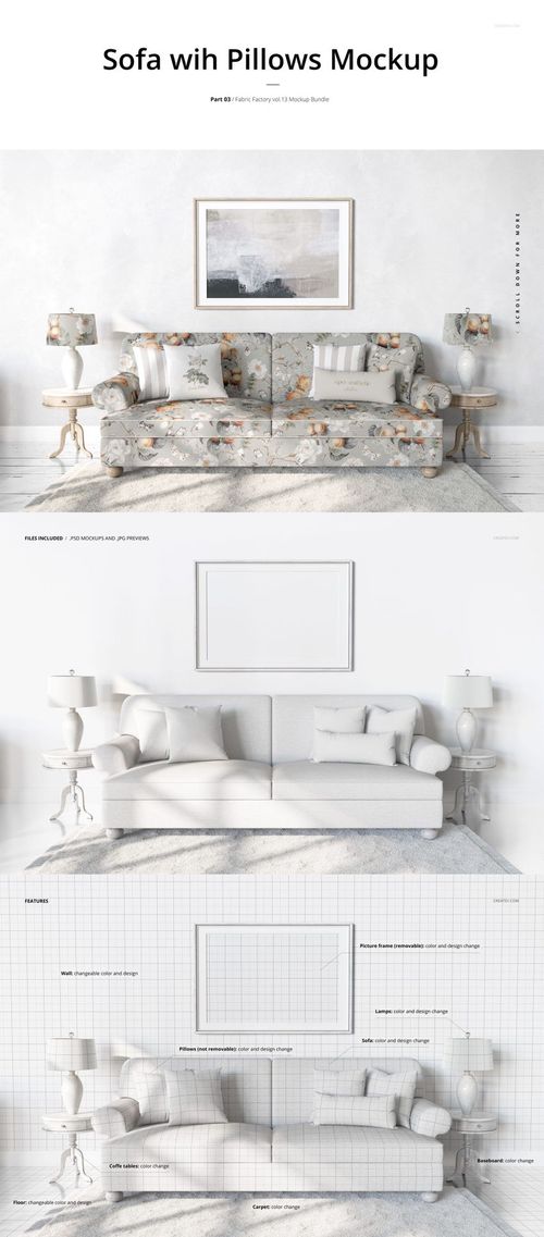 PSD mockup showing a sofa with pillows, featuring a floral design, marble floor, and framed artwork above.