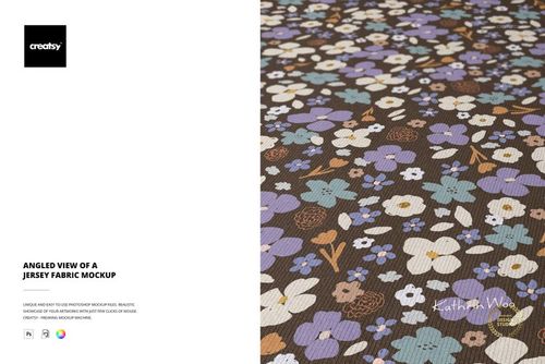 Close-up of a jersey fabric mockup featuring a scattered floral design in pastel blue, purple, and white on a dark background.