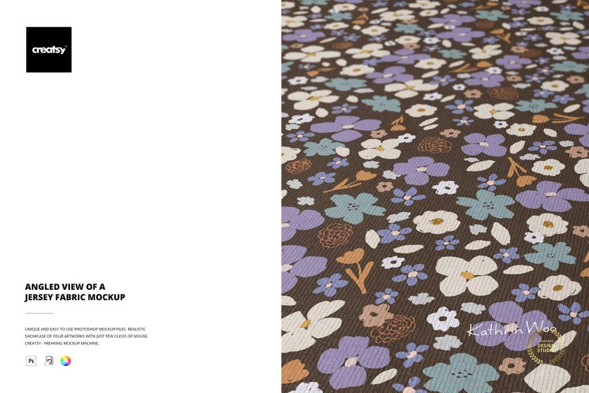 Close-up of a jersey fabric mockup featuring a scattered floral design in pastel blue, purple, and white on a dark background.