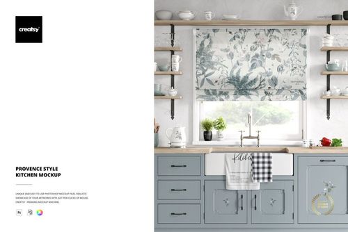 Front view of a Provence style kitchen mockup with blue cabinets, open shelves, and floral patterned window shade.