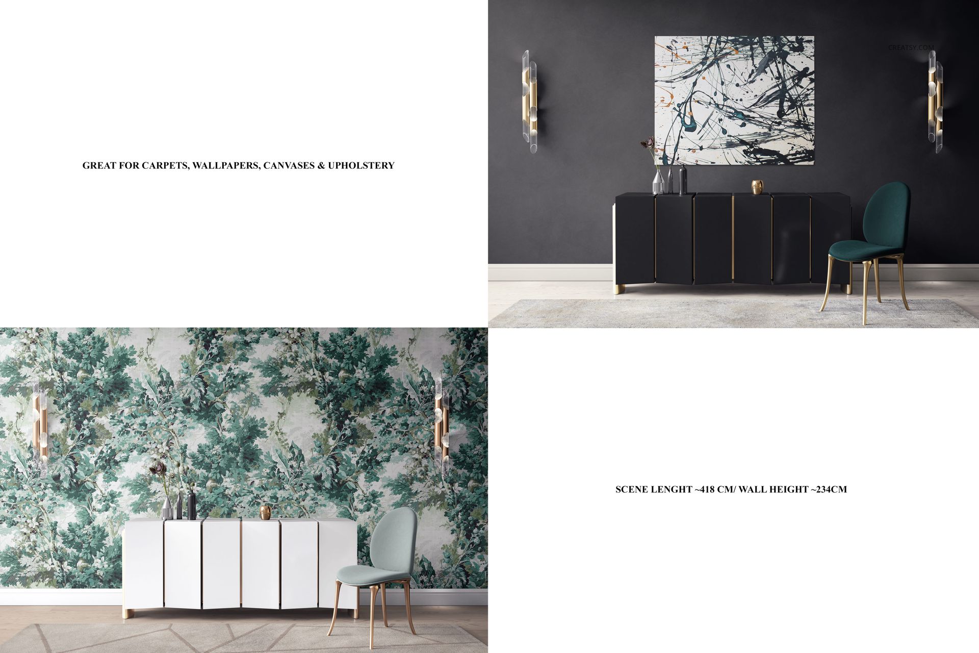 Modern sideboard and chair canvas print mockup showing two interior scenes with abstract and nature-inspired wall art.