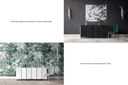 Modern sideboard and chair canvas print mockup showing two interior scenes with abstract and nature-inspired wall art.