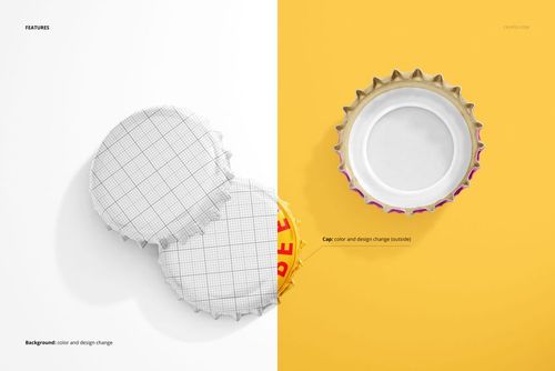 Bottle cap mockup featuring a stack of grid-patterned caps on a white surface and an open cap on a yellow background.