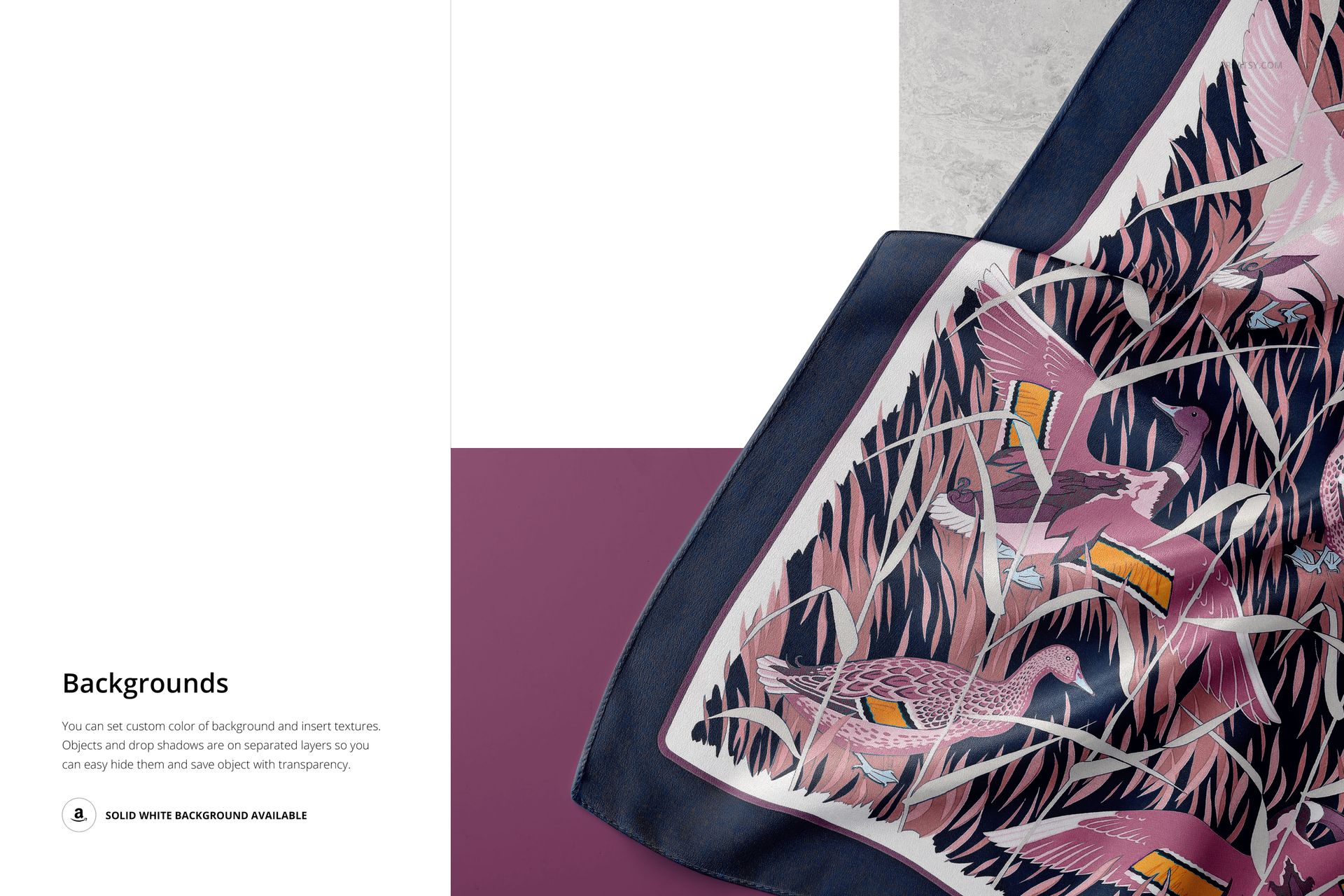 Close-up view of a silk scarf mockup featuring a botanical and bird pattern in pink, purple, and navy tones.