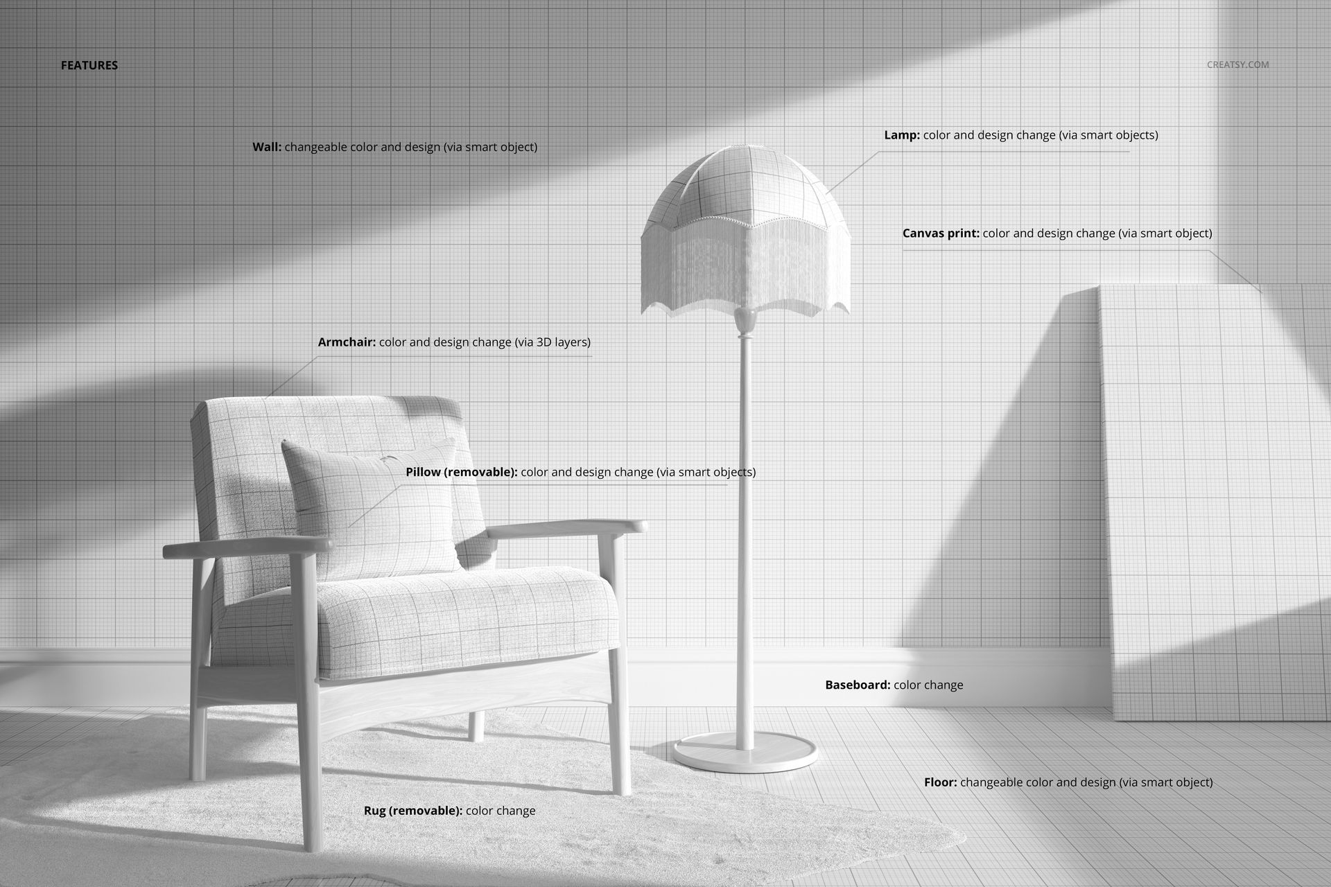PSD mockup showing a modern interior with an upholstered armchair, floor lamp, and canvas print on a grid wall.