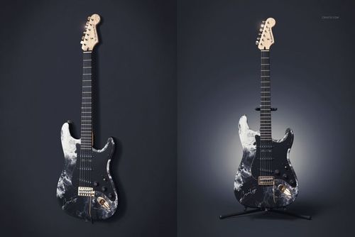 Electric guitar with a black and white marbled pattern, shown from the front on a dark background, mockup set.