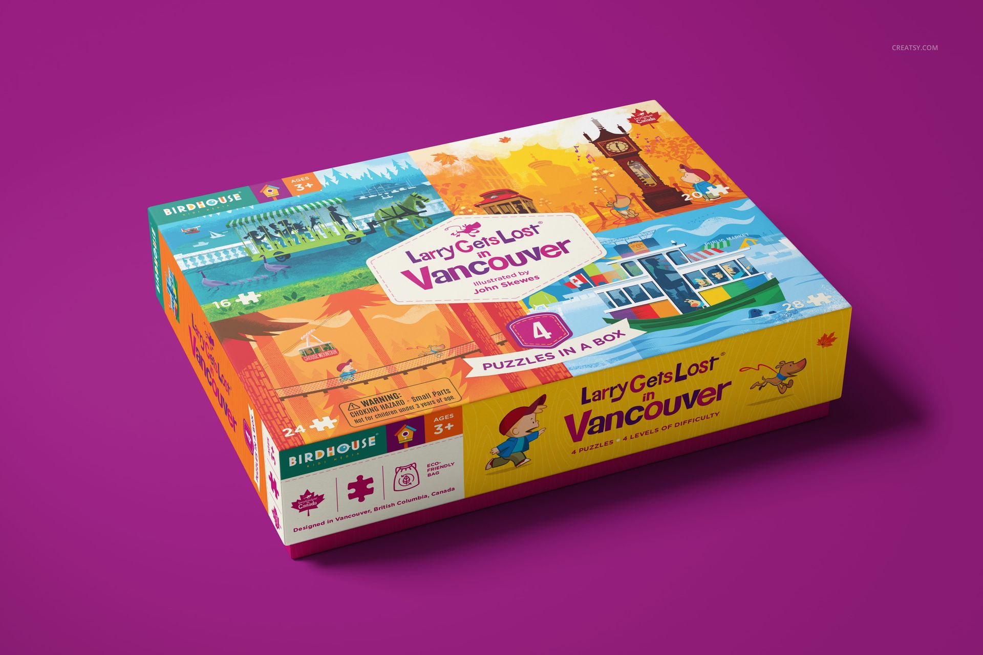 Mockup of a jigsaw puzzle box with multicolor artwork and cartoon elements, lying on a solid purple surface.