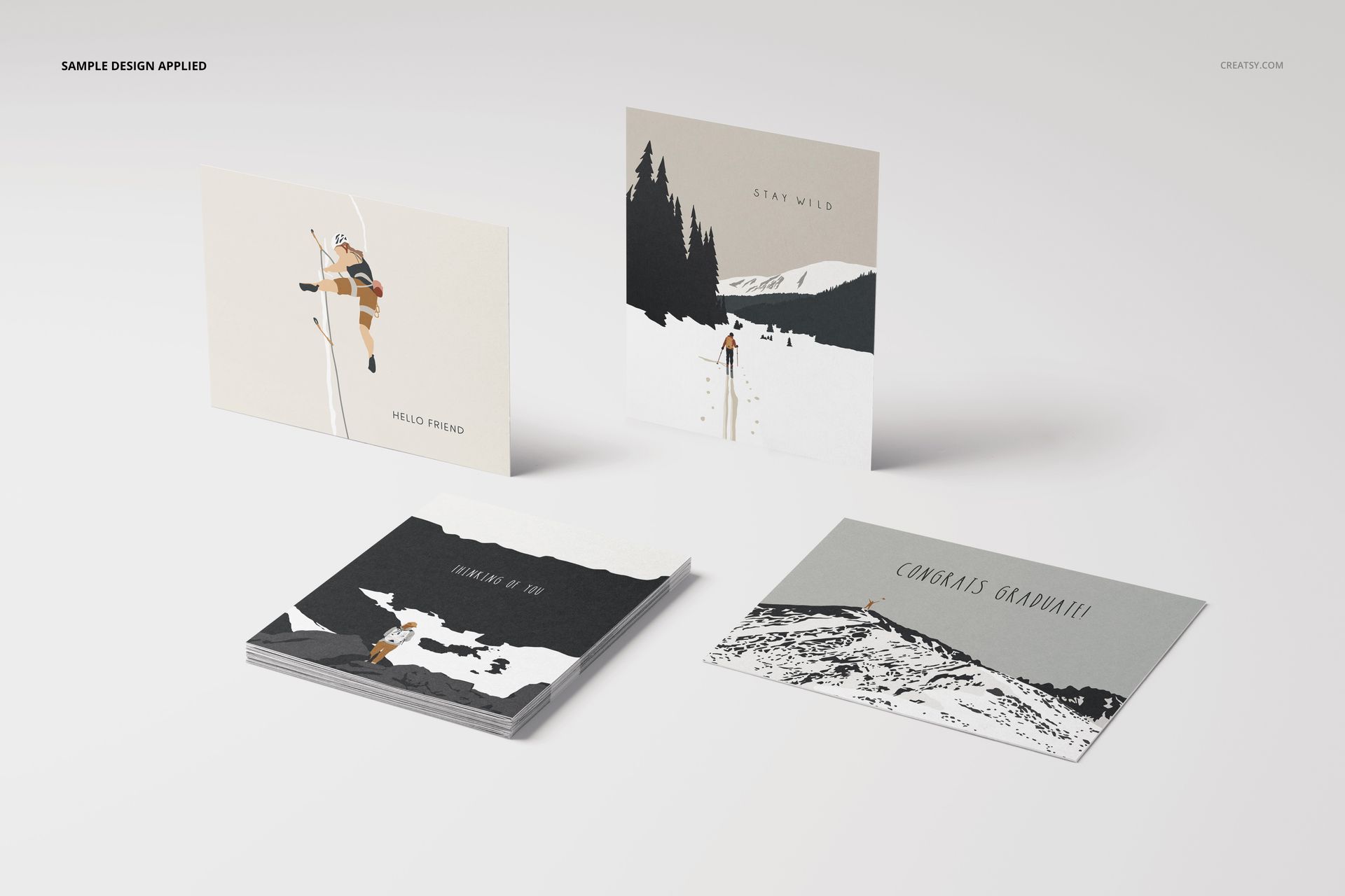 A2 card mockup set featuring four cards with minimalist nature illustrations, shown from a front and top angle.