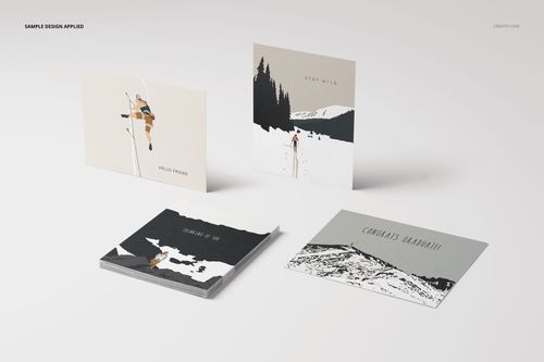 A2 card mockup set featuring four cards with minimalist nature illustrations, shown from a front and top angle.