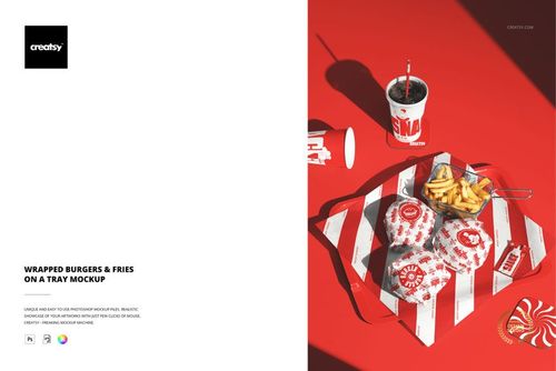 Top view of a tray with wrapped burgers, fries, and a drink on a red surface, featuring striped packaging mockup.