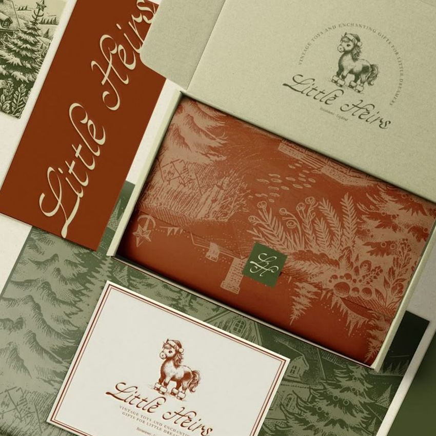 Mailing box mockup featuring illustrated packaging with forest and animal motifs, arranged with tissue paper and box lids.