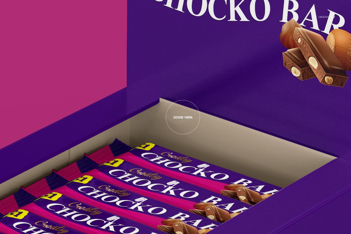Open chocolate bar box mockup with multiple wrapped chocolate bars inside, featuring purple and pink packaging design.