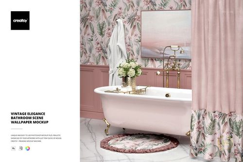Elegant bathroom mockup with floral wallpaper, pink paneling, white clawfoot tub, and patterned rug in front view.