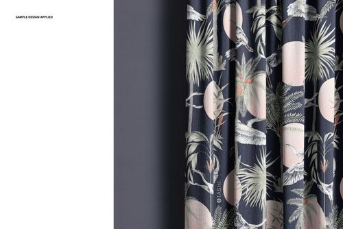 Curtain mockup featuring a detailed tropical leaf and bird design in soft pastel colors, shown from a side angle.
