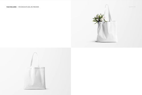 White tote bag mockup set shown from different angles, including one with flowers inside, on a plain white background.