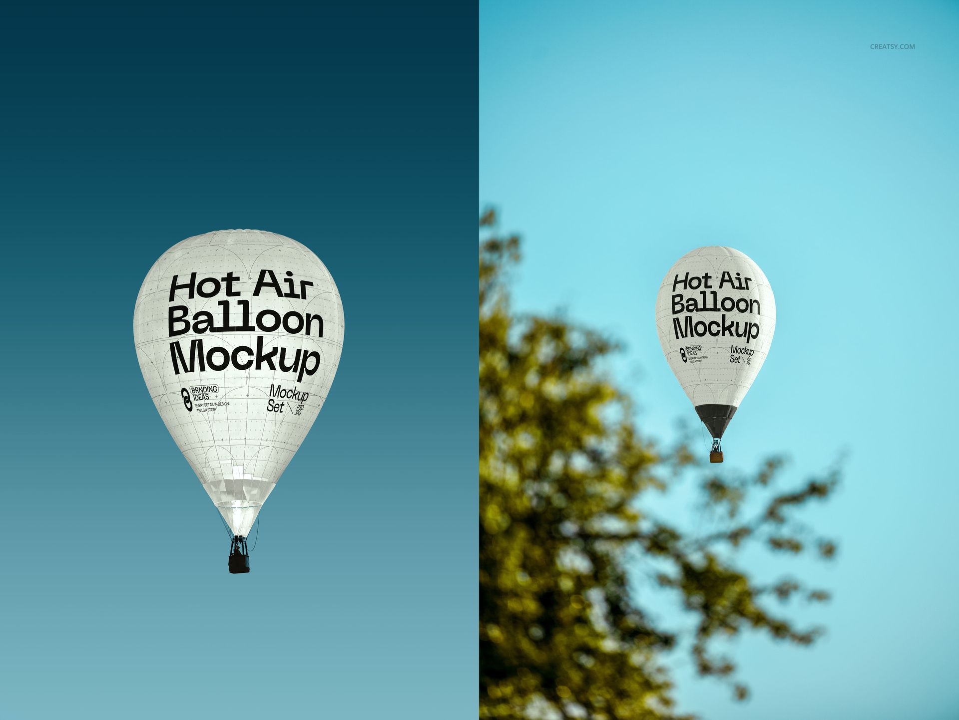 Two perspectives of a hot air balloon mockup, featuring black lettering on white fabric, with sky and tree in scene.
