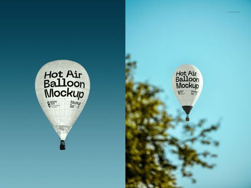 Two perspectives of a hot air balloon mockup, featuring black lettering on white fabric, with sky and tree in scene.