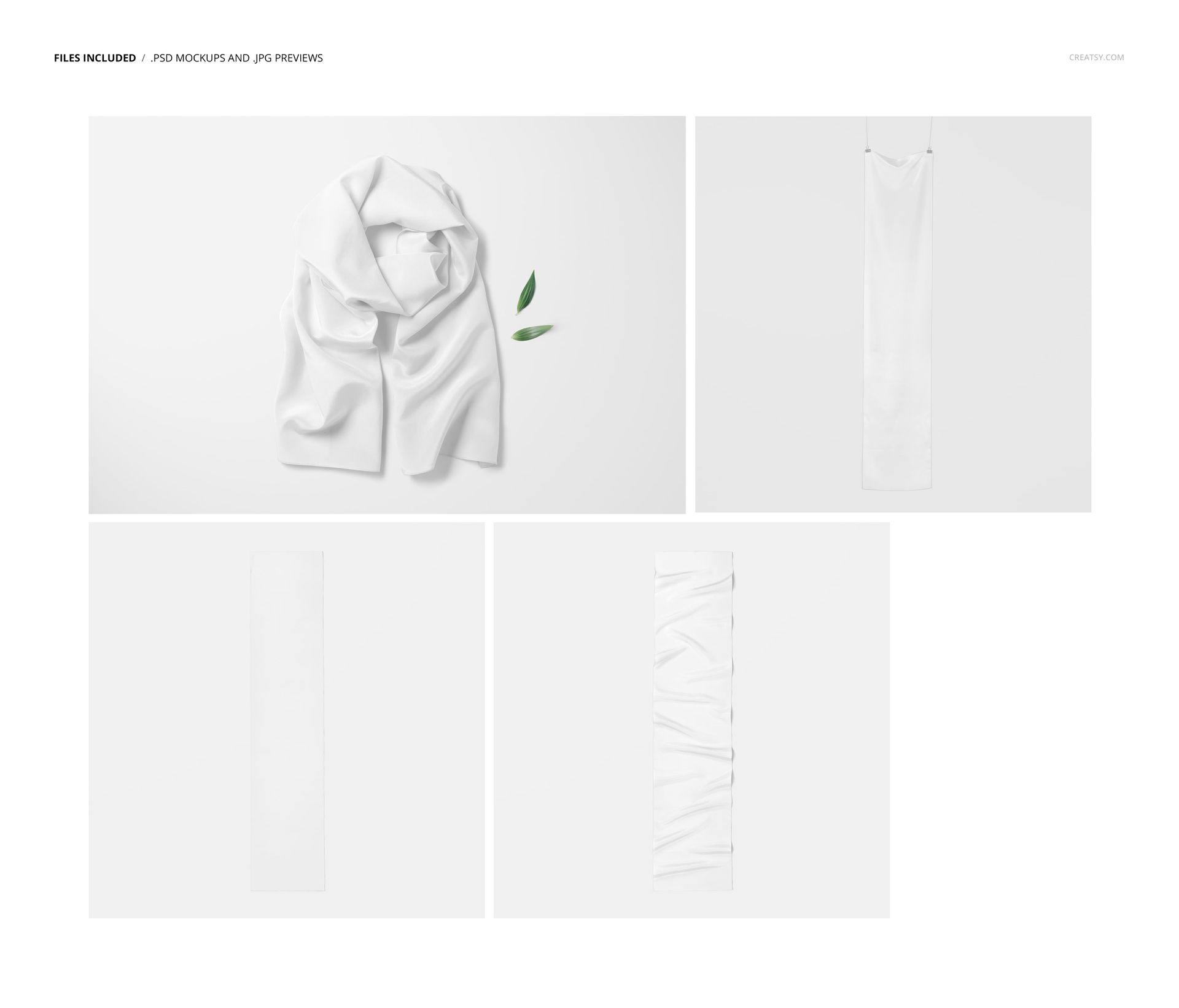 White crepe de chine silk scarf displayed in four mockup poses, including folded, flat, and hanging views.