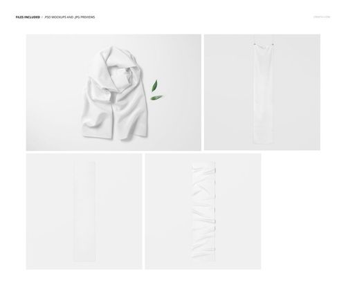 White crepe de chine silk scarf displayed in four mockup poses, including folded, flat, and hanging views.