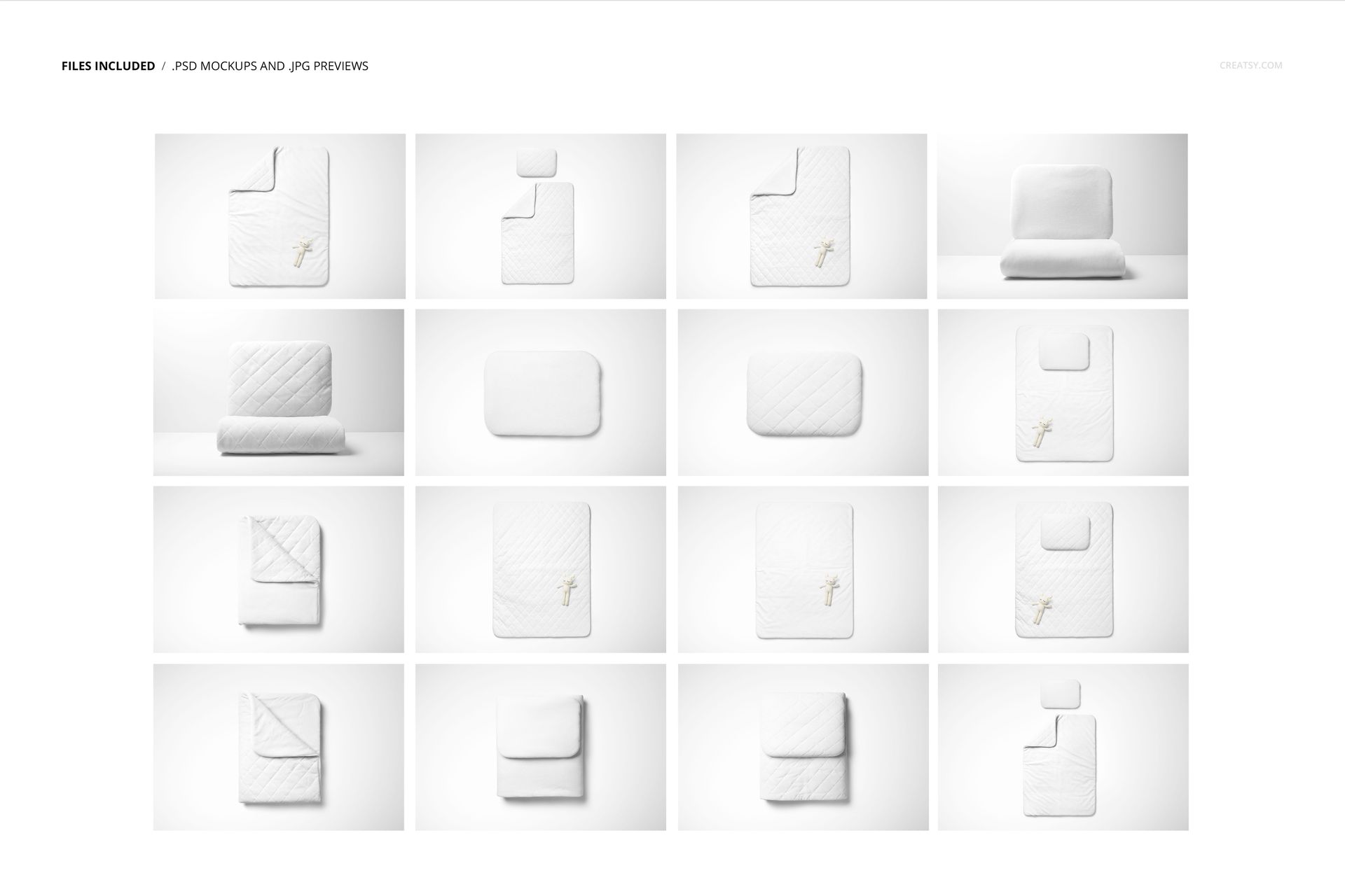 Double-sided baby bedding set mockup showing pillow and quilt in various arrangements on a plain white background.