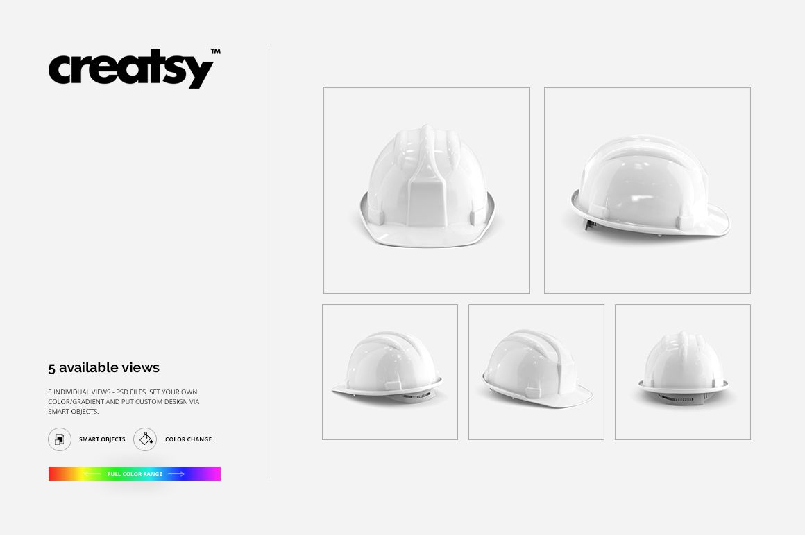 Set of five white hard hats displayed in various perspectives, each isolated on a neutral backdrop for mockup use.