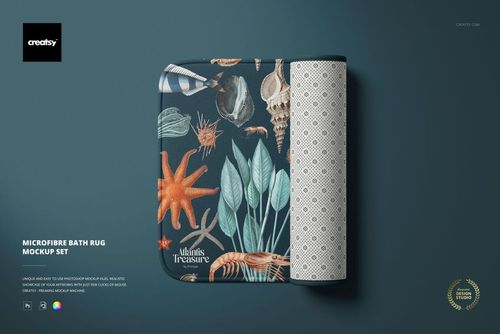 Front view of a rectangular microfiber bath rug mockup with rolled edge, featuring a marine-themed pattern on a dark background.