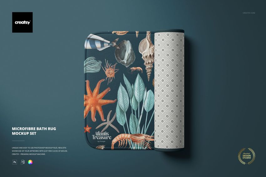 Front view of a rectangular microfiber bath rug mockup with rolled edge, featuring a marine-themed pattern on a dark background.