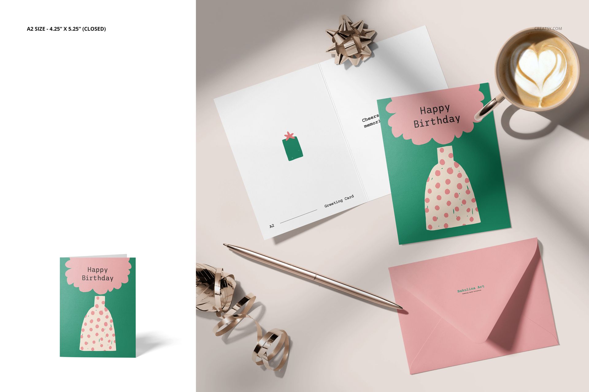 Greeting card size comparison mockup featuring open and closed cards, pink envelope, pen, and latte on a beige background.