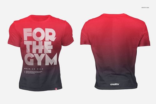 Front and back view of a muscular man’s t-shirt mockup in red and black gradient with bold white text design.