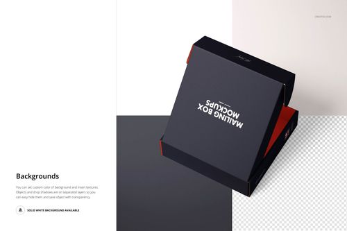 Mailing box mockup featuring a square black box with red inner sides, shown from an angled top view on a white background.